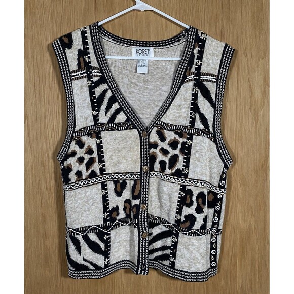 Vtg Koret Sweater Vest Button Up Patchwork Animal Print Leopard Cheetah Zebra - Picture 1 of 7